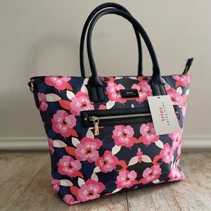 Trina Turk Narcissus Tote NWT Double Handled Shoulder Strap Navy Pink Floral Lux